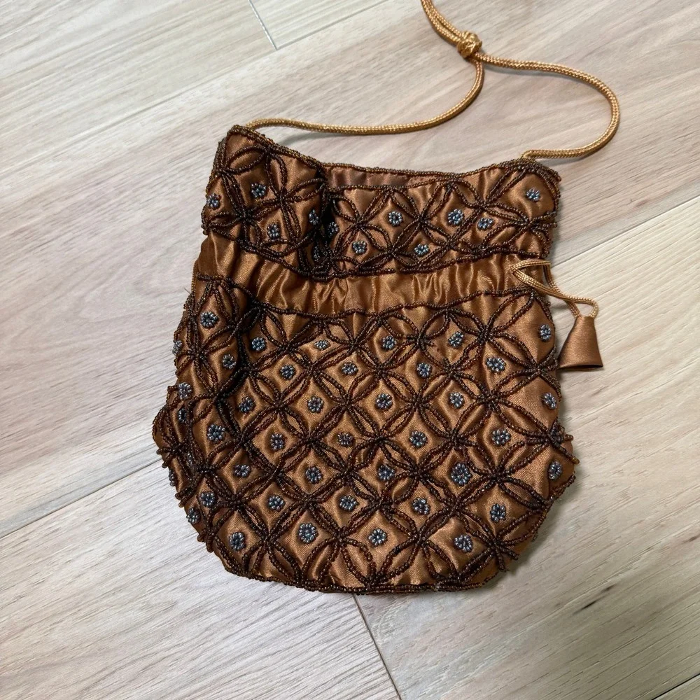 Handmade Indian Potli Clutch Bag Brown Silk Beaded Drawstring Festival BOHO